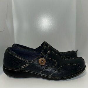 Clarks Sixty Delta Navy Blue Leather Button Slip-On Loafers Shoes Women's 6